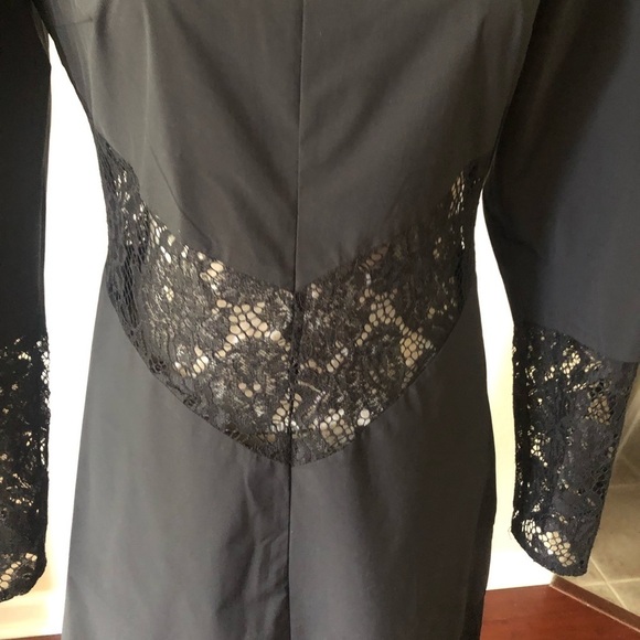 H & M Black Lace Solid Patch work Midi A line Puffed Sleeve Classic Gothic Dress - Picture 5 of 9